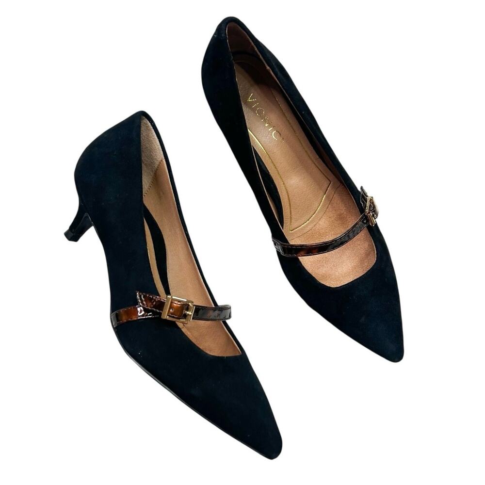 Vionic | Minnie Black Suede Mary Jane Pointed Toe Comfortable Kitten Heels US 6